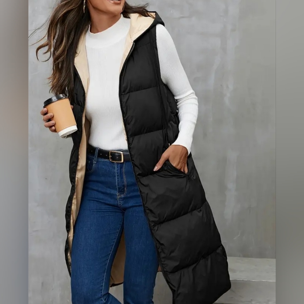 Black Zip Up Puffer Vest Hoodie With Pockets
